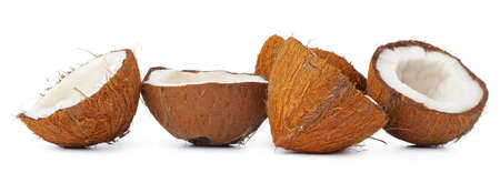 Pieces of a coconut on white backgroundの写真素材
