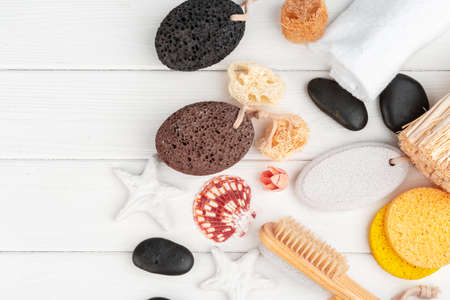 Bath spa accessories close up on tableの写真素材