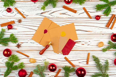Christmas decorations on white wooden background with copy spaceの写真素材