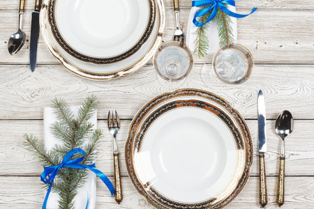 Elegant rustic christmas table setting from above