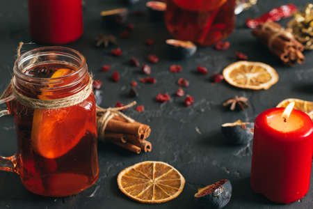 Beautiful composition with glint wine cup and ingridients on wooden tableの写真素材