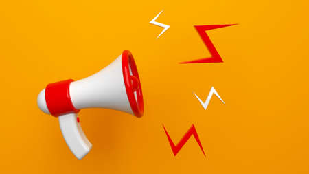 3D rendering concept of announcement, a megaphone on yellow backgroundの写真素材