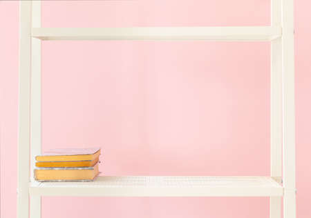 White bookshelf with books and plant against pink wallの写真素材