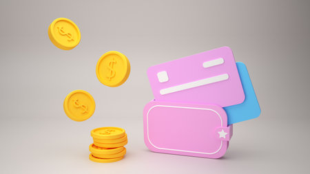 Golden coins money and credit cards 3d illustration