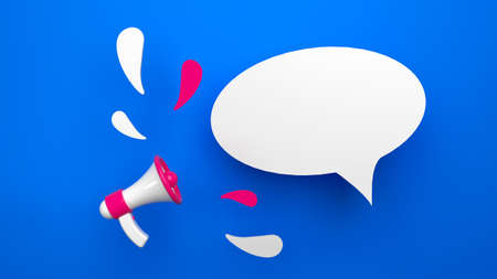 3D rendering concept of announcement, a megaphone on blue backgroundの写真素材