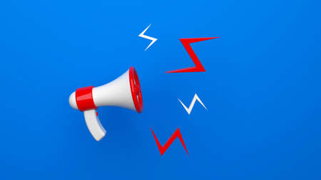 3D rendering concept of announcement, a megaphone on blue backgroundの写真素材