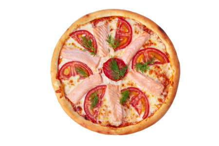 Top view of fresh pizza isolated on whiteの写真素材