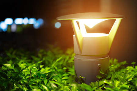 Luminous electric lamp above the bush in a gardenの写真素材