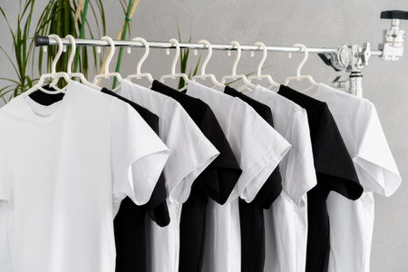 Row of black and white t-shirts hanging on rackの写真素材