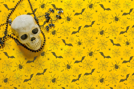 Scary skeleton decoration on the table for Halloweenの写真素材