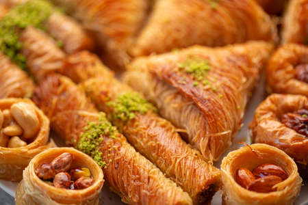 Close up of delicious baklava at a hotel buffetの写真素材
