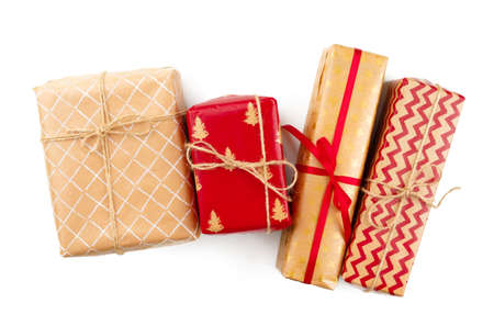 Wrapped christmas presents isolated on white backgroundの写真素材