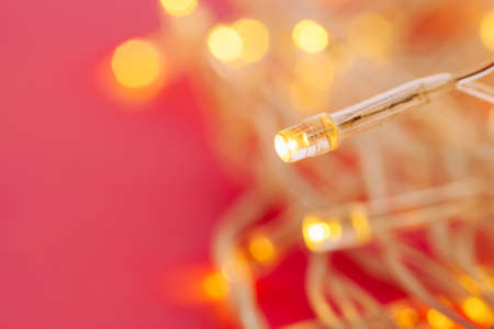 Illuminated garland lights on bright pink backgroundの写真素材