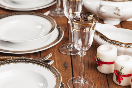 Close up of holiday table setting modern interiorの写真素材