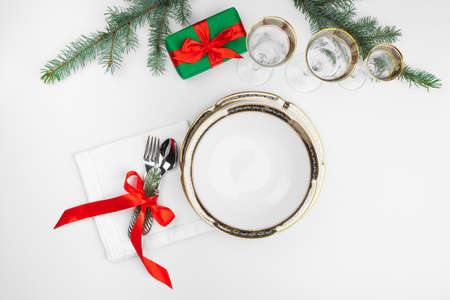 Close up beautiful Christmas table setting with decorationsの写真素材