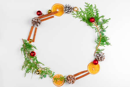 Christmas composition on white background, flat lay, top viewの写真素材