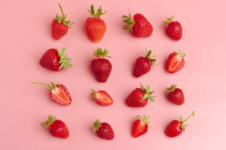 Strawberries on pink background. Fresh organic food conceptの写真素材