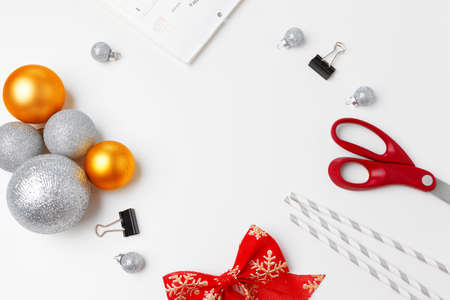 Christmas decorations with baubles isolated on white backgroundの写真素材