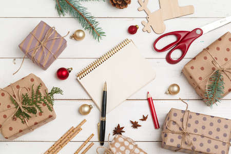 Process of making christmas and new year greeting cards, top viewの写真素材