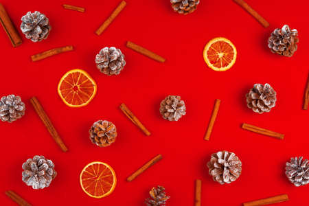 Christmas or New Year decoration with fir tree, dry oranges and conesの写真素材