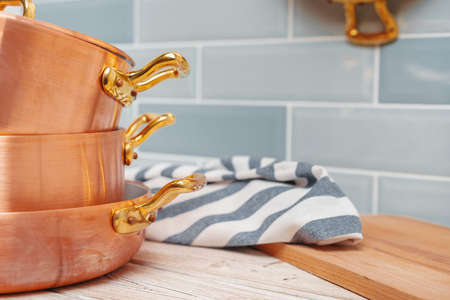 Modern kitchen details with copper kitchenware close upの写真素材