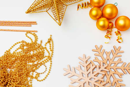 Christmas decorations with baubles isolated on white backgroundの写真素材