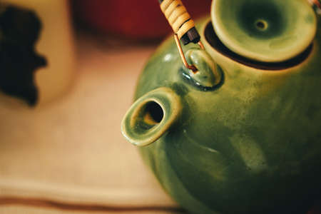 Tableware on kitchen table with autumn decor close upの写真素材