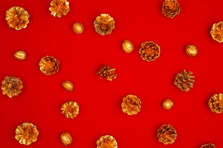Christmas pattern of holiday decorations on red background