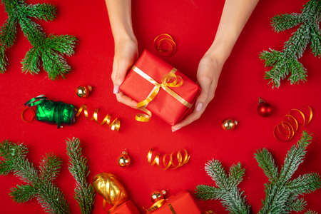 Female hands holding present on a red backgroundの写真素材
