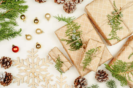 Christmas composition with Christmas gift. Top view, flat lay, copy space