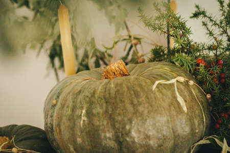 Rustic autumn decor arrangement with pumpkins close upの写真素材