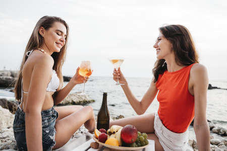 Two young female friends having picnic on a beach drinking cocktailsの写真素材