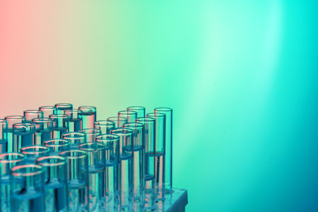 Row of test tubes with liquids on blue and green toned backgroundの写真素材