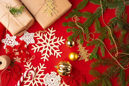 Christmas decorations background on red with copy spaceの写真素材