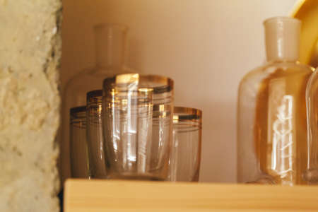 Tableware on kitchen table with autumn decor close upの写真素材