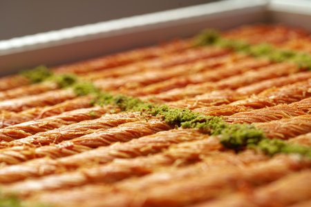 Close up of Turkish Baklava dessert with honey and nuts