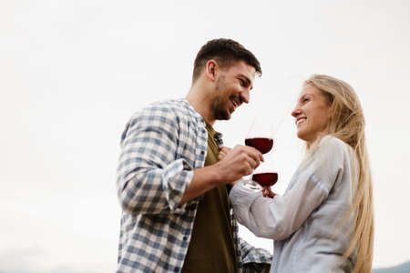 Smiling couple toasting wine glasses outdoors in mountainsの写真素材