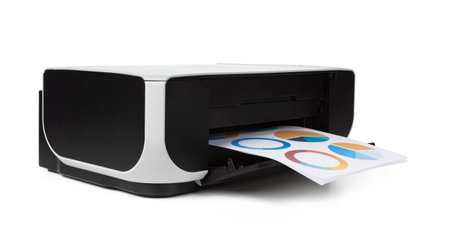 Black multi function printer isolated against a white background