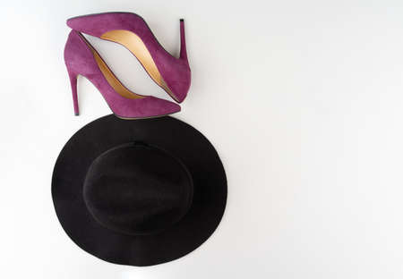 Female fashion accessories on white background, view from aboveの写真素材