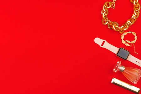 Stylish woman accessories on bright background close upの写真素材