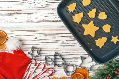 Close up of making holiday christmas gingerbread cookies processの写真素材