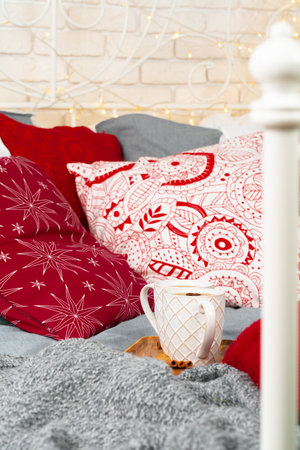 Bedroom decorated for Christmas time close upの写真素材