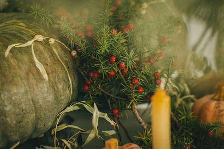 Rustic autumn decor arrangement with pumpkins close upの写真素材