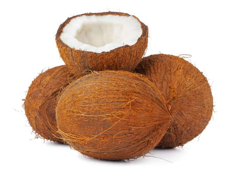 broken coconut on a white background close up