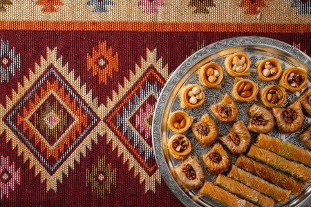 Top view of Turkish desserts on oriental patterned carpetの写真素材