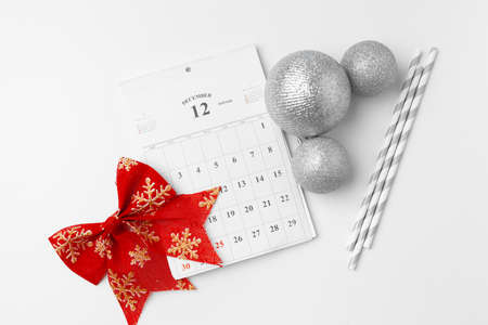 Christmas decorations with baubles isolated on white backgroundの写真素材