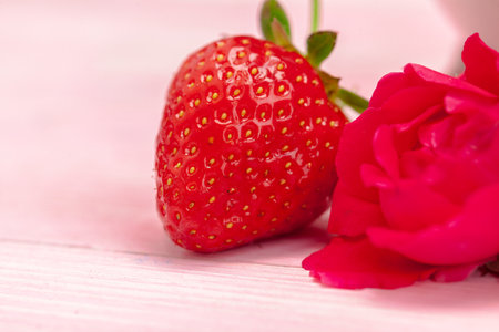Plate of strawberry on pink wooden backgroundの写真素材