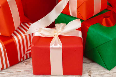Pile of gift boxes stacked close up
