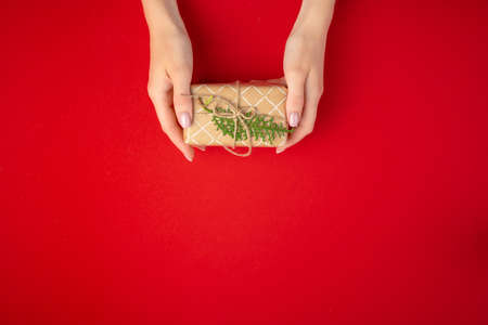 Preparing for Christmas holidays, woman with a gift in her handsの写真素材