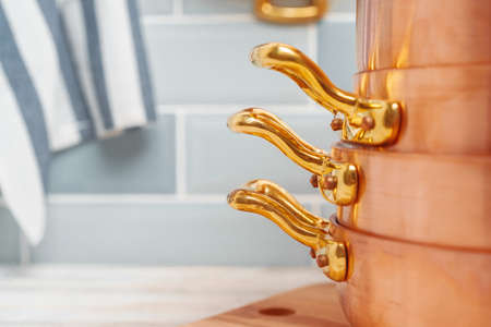 Modern kitchen details with copper kitchenware close upの写真素材